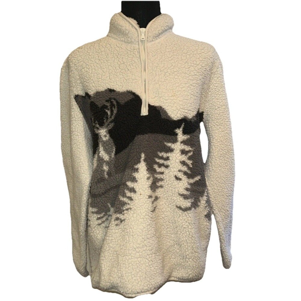 Old Navy Small Quarter Zip Forest & Deer Graphic Multicolor Fluffy Cozy Pullover